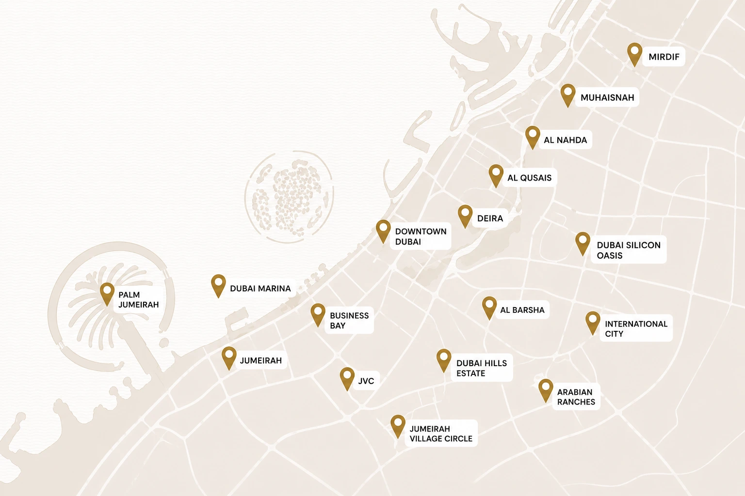 A clean illustrated map of Dubai highlighting major service areas including Palm Jumeirah Dubai Marina Downtown Dubai Business Bay Jumeirah JVC Dubai Hills Estate Arabian Ranches Al Barsha International City Deira Al Qusais Al Nahda Muhaisnah Mirdif and Dubai Silicon Oasis