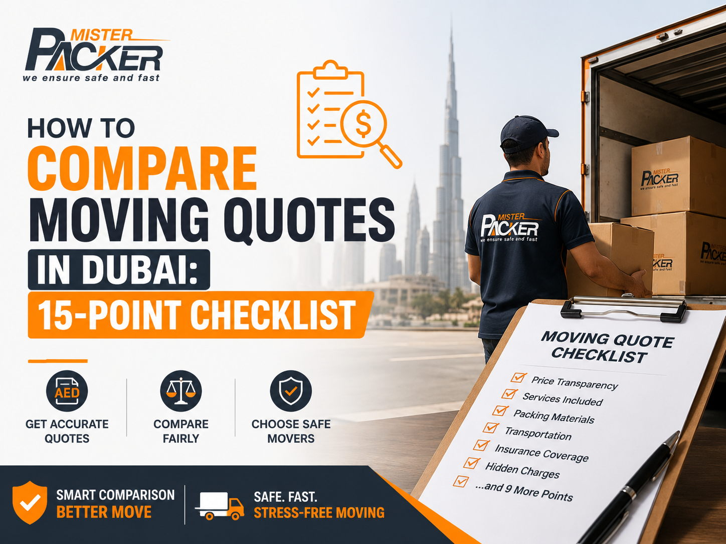 Professional feature image for Mister Packer showing a Dubai moving truck moving checklist and the title How to Compare Moving Quotes in Dubai 15 Point Checklist using the companys orange and navy branding