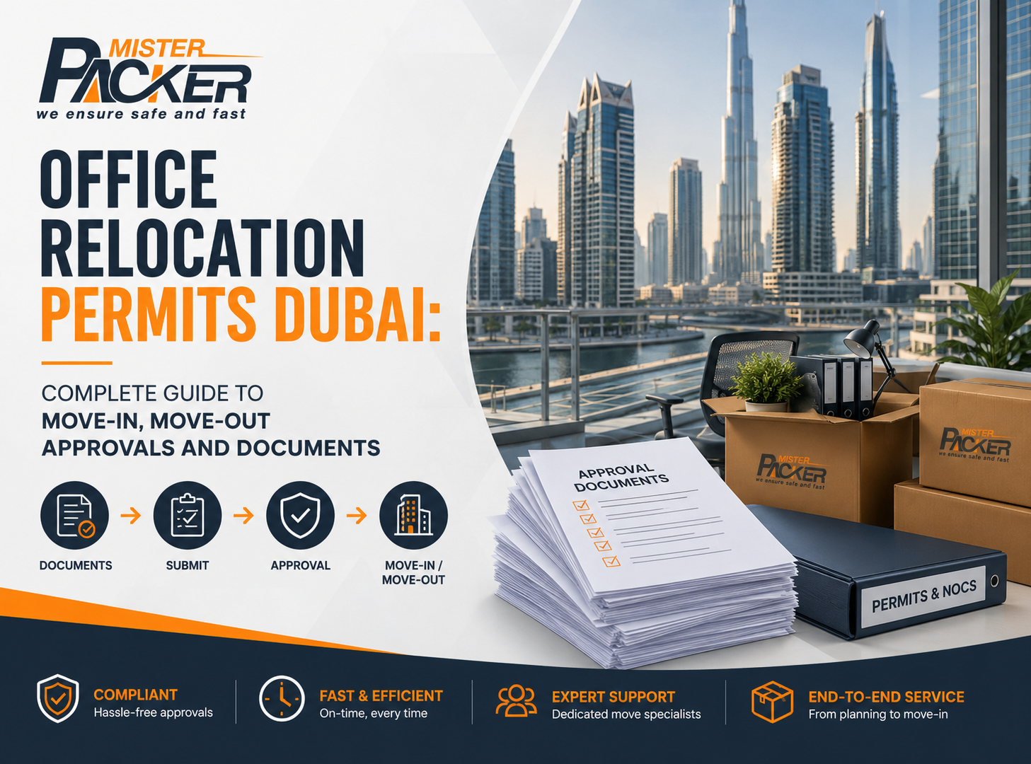 Professional blog featured image by Mister Packer illustrating office relocation permits in Dubai with approval documents moving boxes office furniture Dubai skyline and modern corporate branding in the companys navy blue and orange color scheme