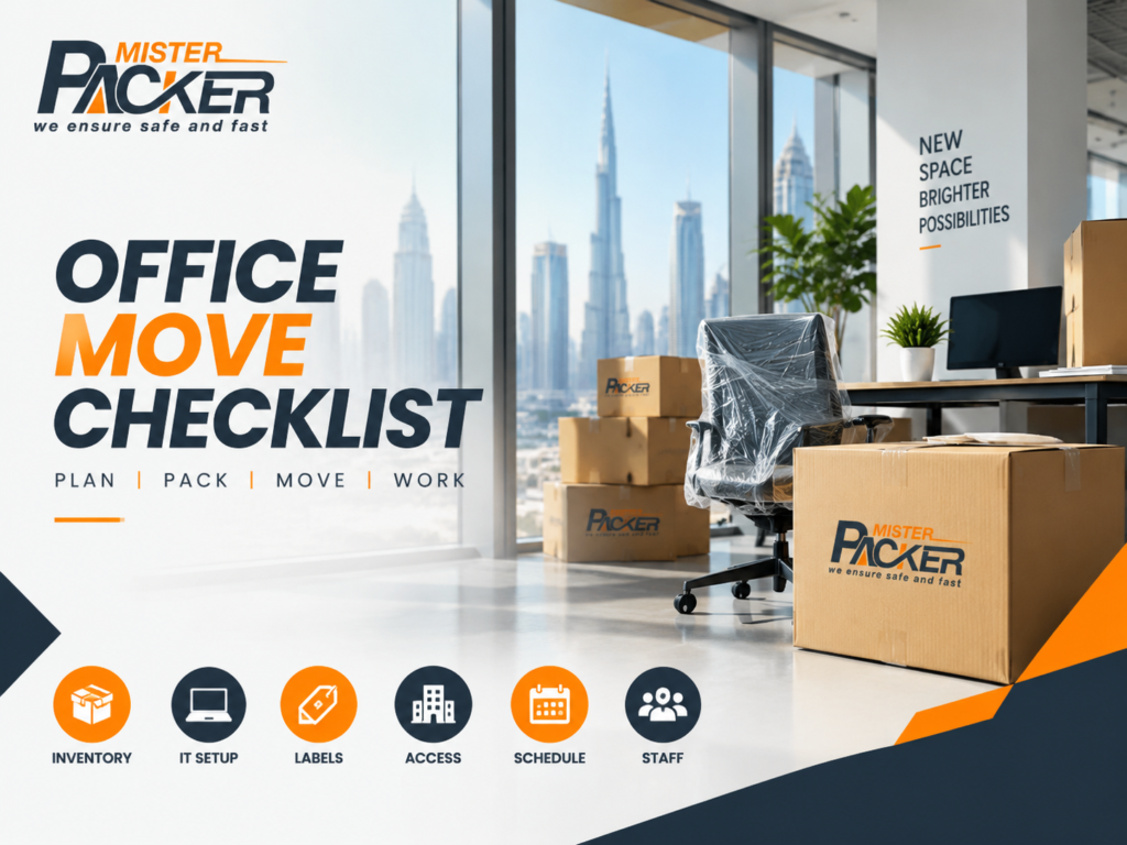 Modern office relocation banner featuring an office move checklist with moving boxes, workspace setup, inventory planning, IT equipment, labels, access management, schedule planning, and staff communication for Business Bay Dubai.