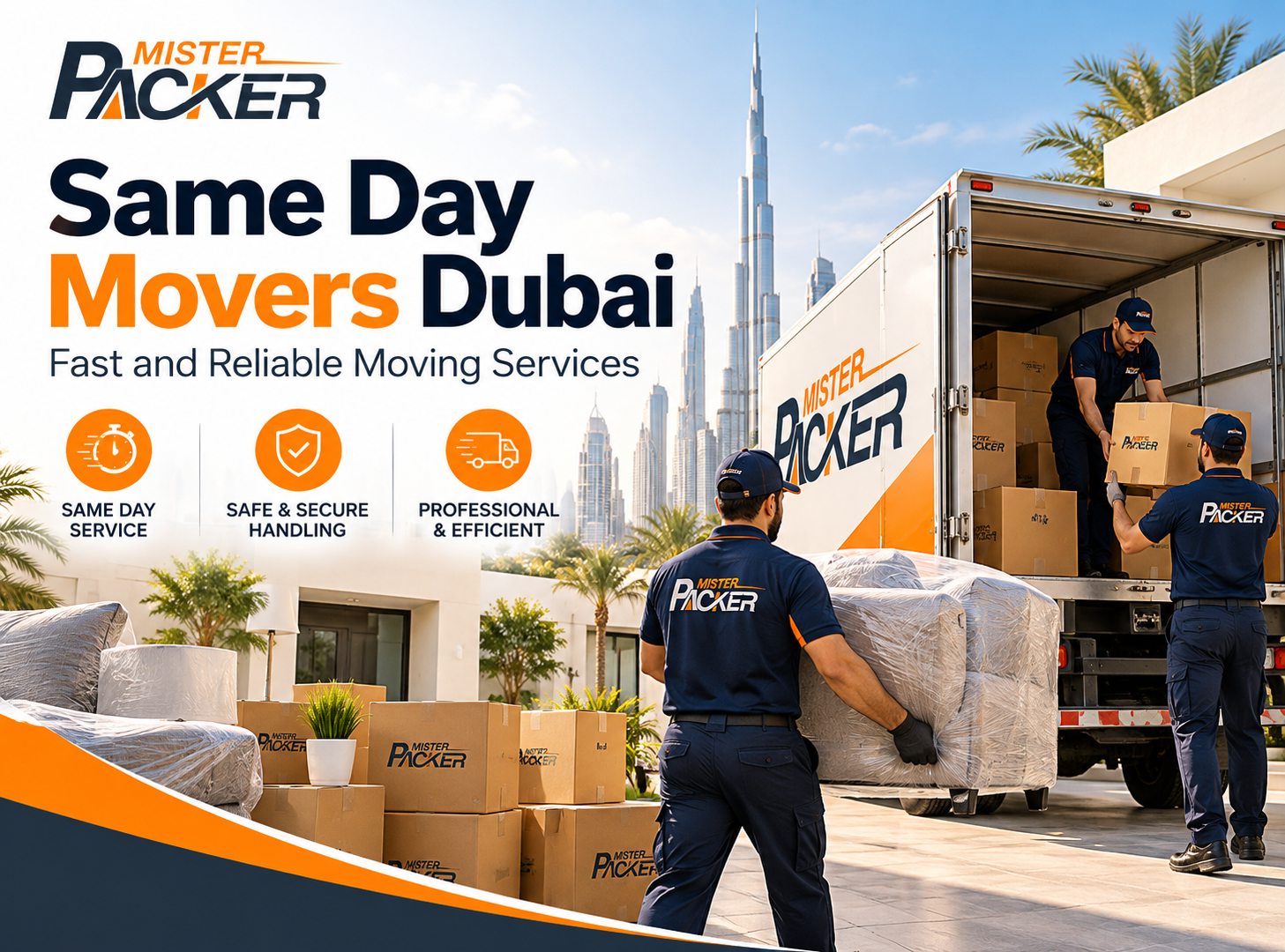 Same day movers Dubai by Mister Packer loading packed boxes and wrapped furniture into a moving truck with the Dubai skyline in the background