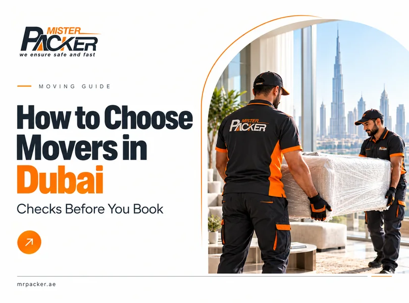 Two movers carrying wrapped furniture beside the headline How to Choose Movers in Dubai and the Mister Packer logo